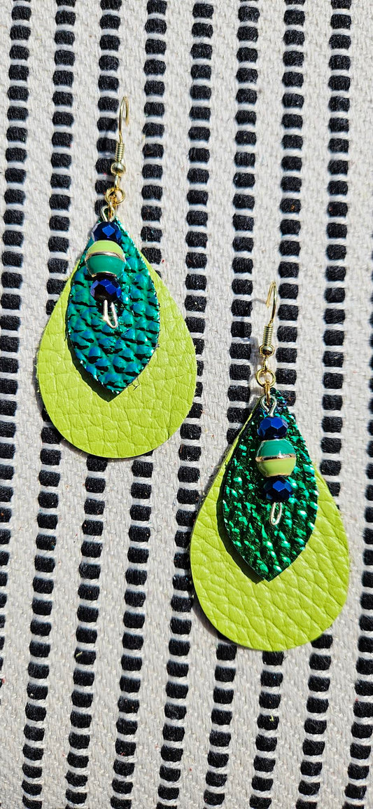 Lime Green/Blue Green Leather Earrings