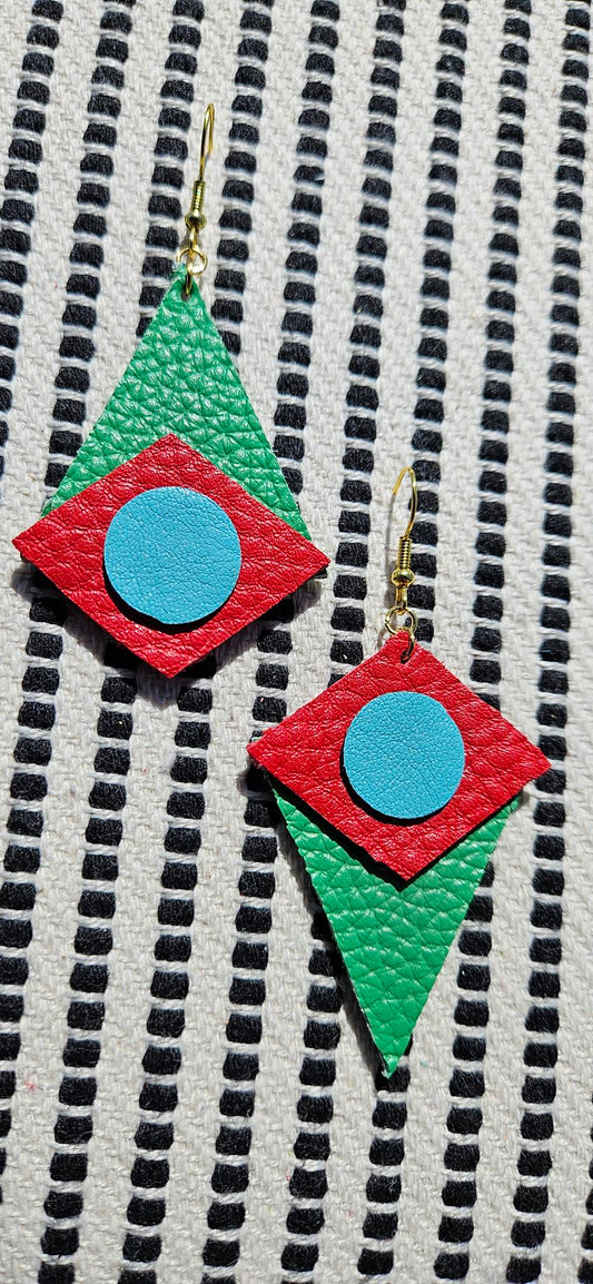 Asymmetric Red/Green Leather Earrings