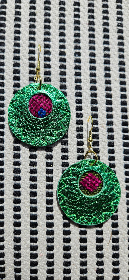 Metallic Green Leather Earrings - Round Shape