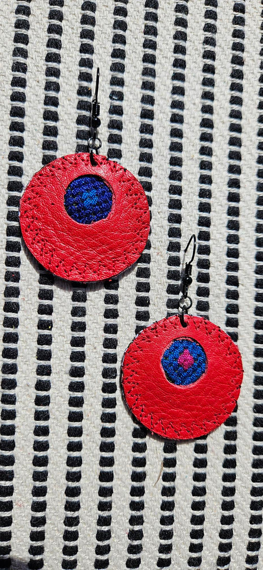 Red Leather Earrings - Round Shape