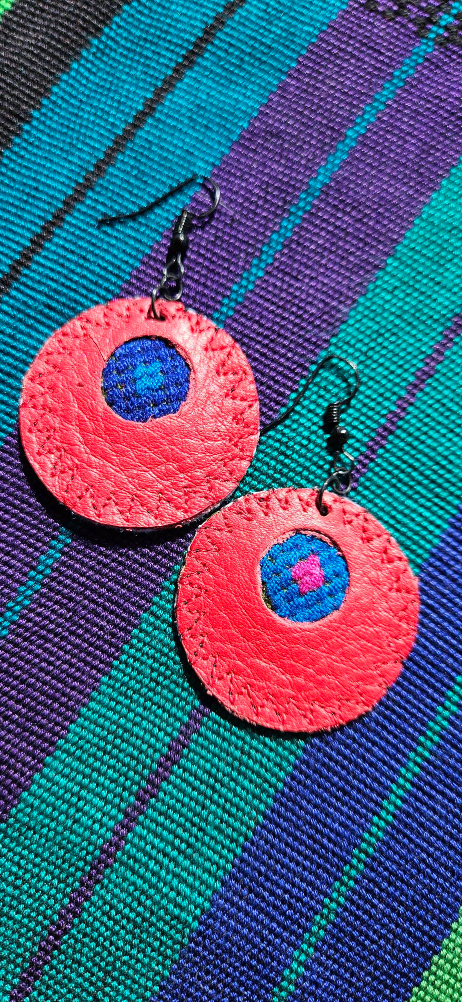 Red Leather Earrings - Round Shape