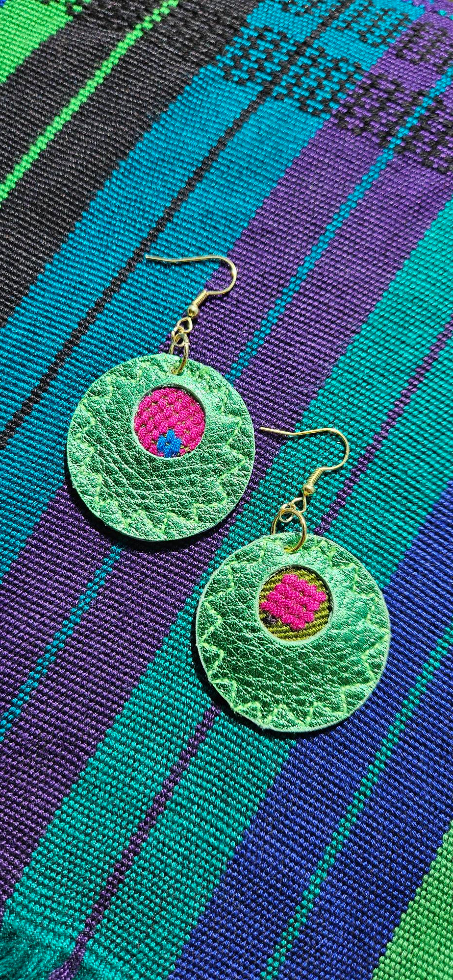 Metallic Green Leather Earrings - Round Shape