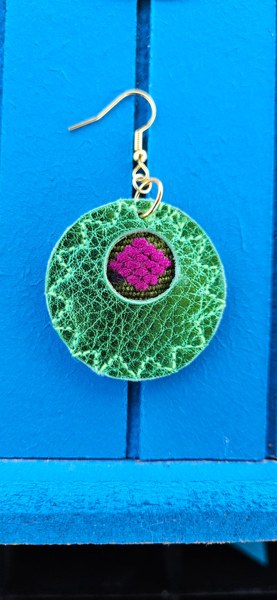 Metallic Green Leather Earrings - Round Shape
