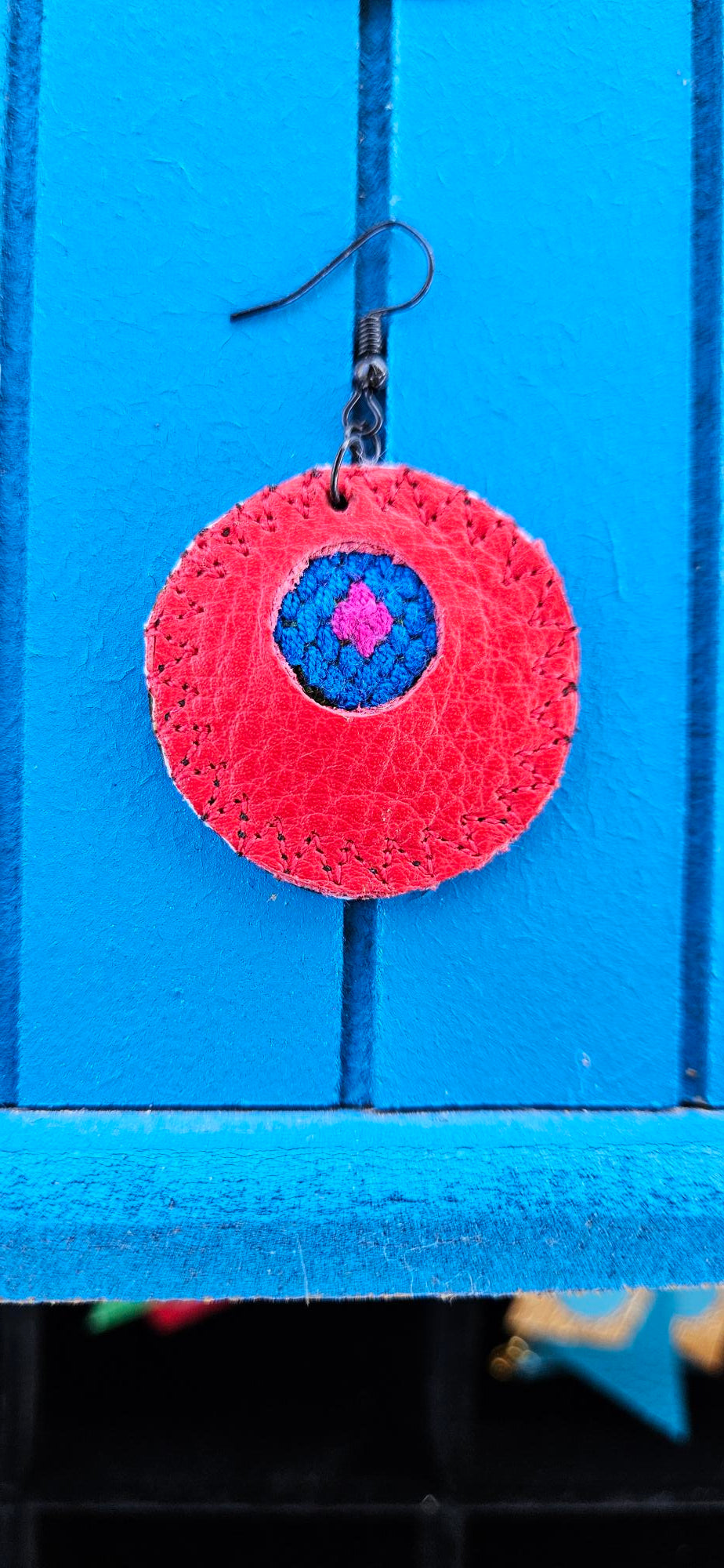 Red Leather Earrings - Round Shape