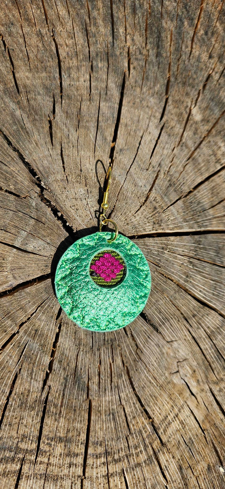 Metallic Green Leather Earrings - Round Shape