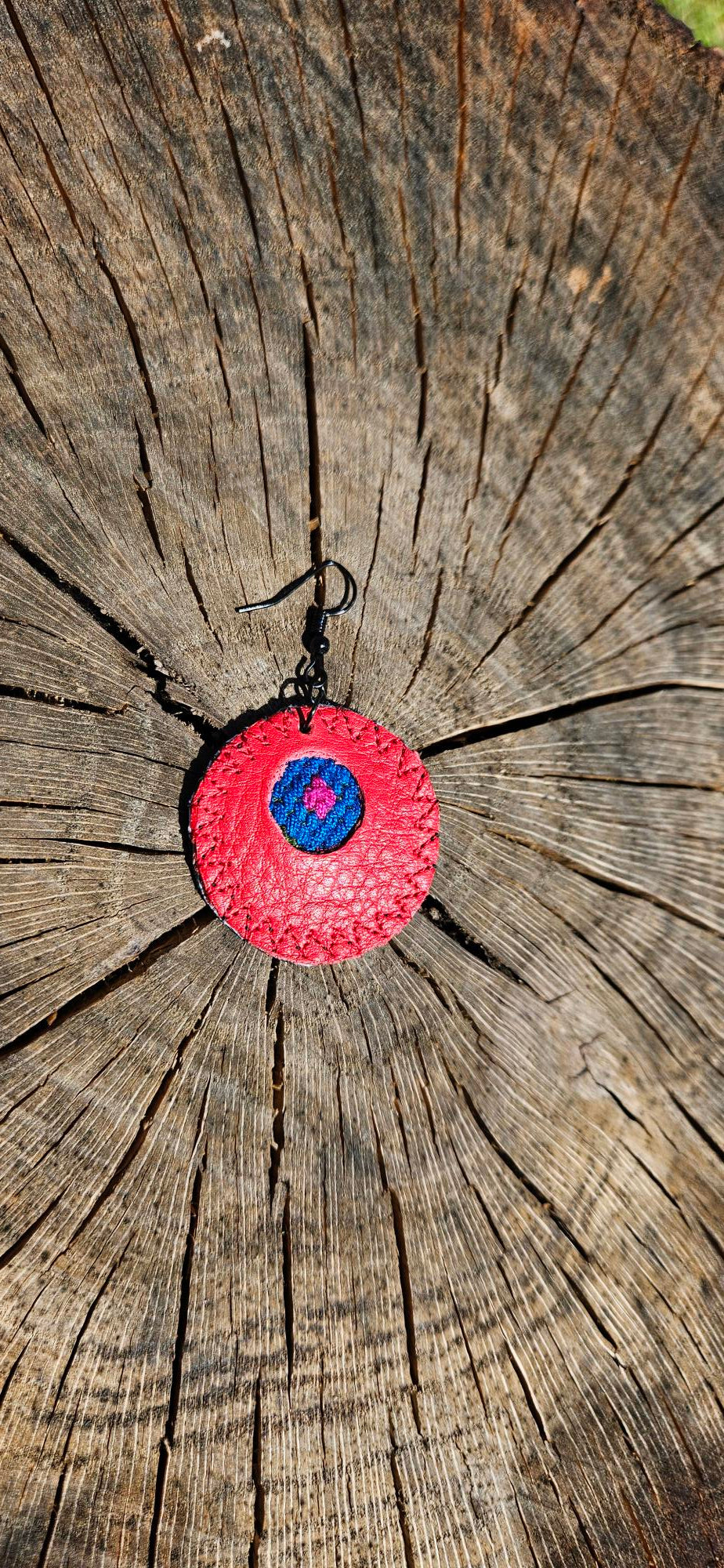 Red Leather Earrings - Round Shape