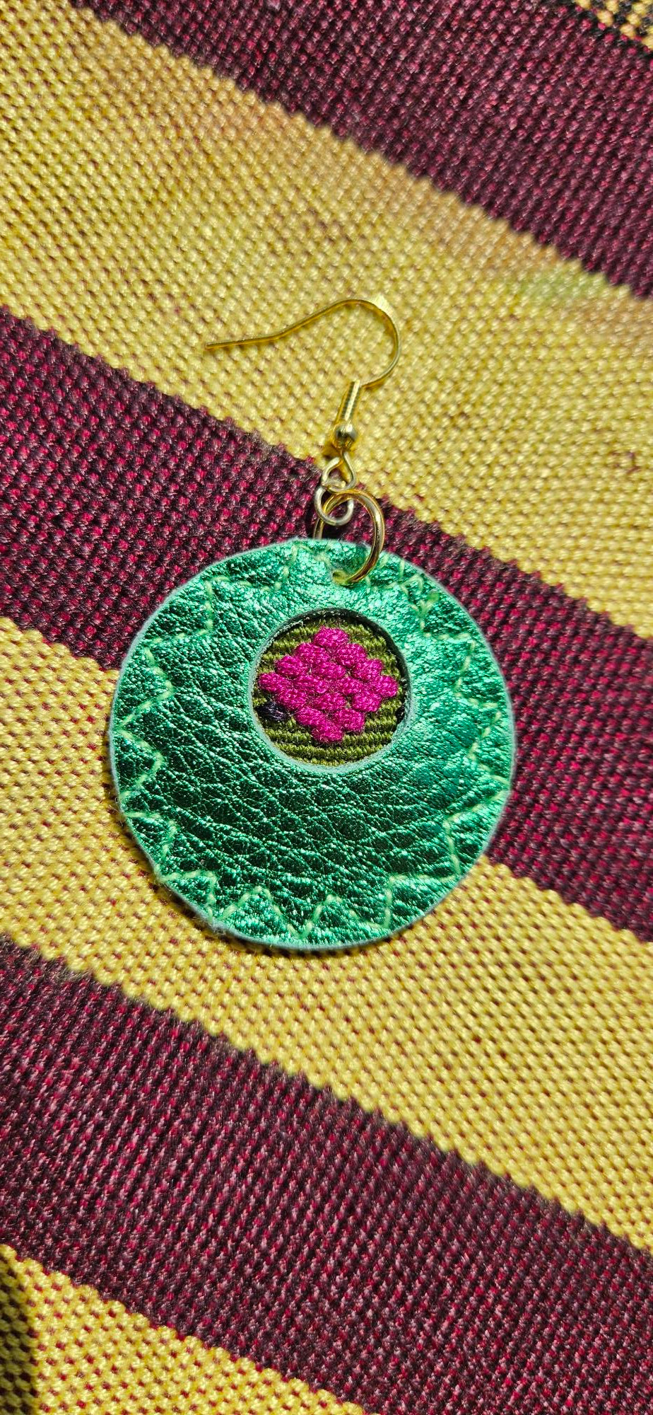 Metallic Green Leather Earrings - Round Shape