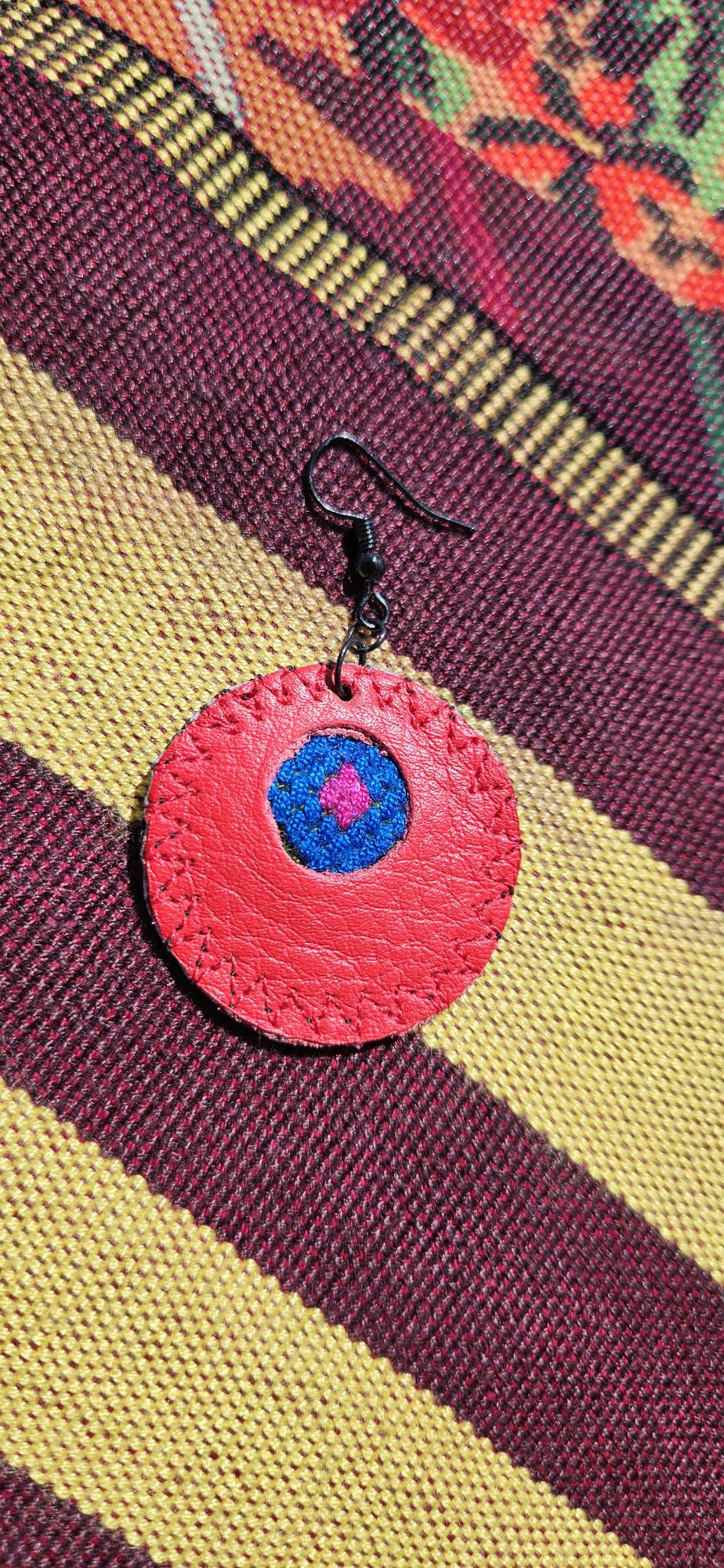 Red Leather Earrings - Round Shape