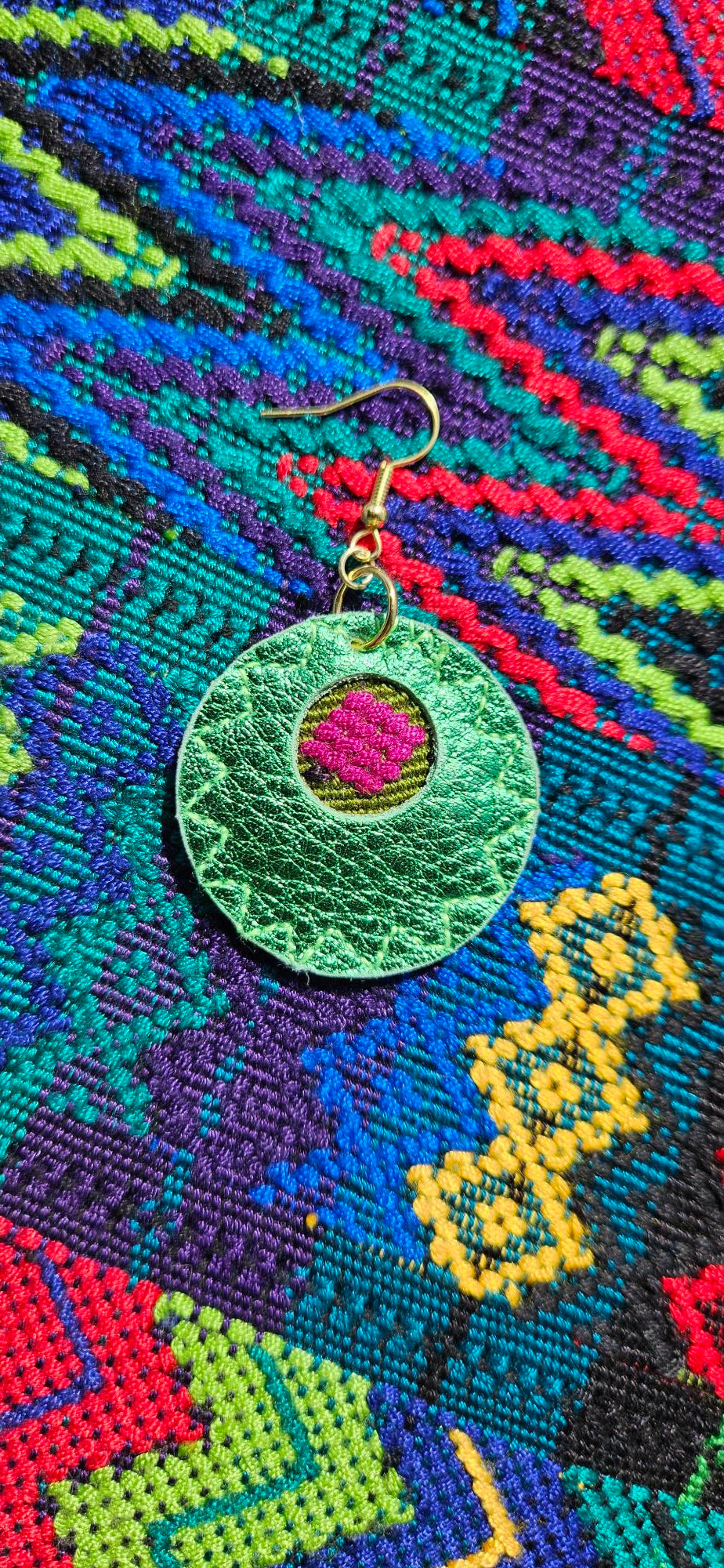 Metallic Green Leather Earrings - Round Shape