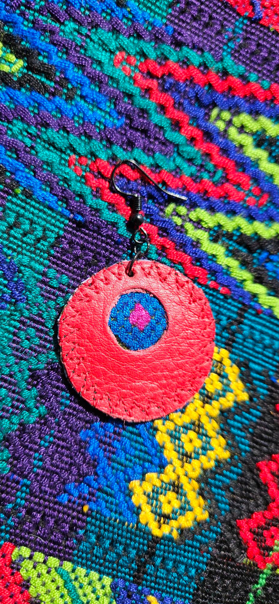 Red Leather Earrings - Round Shape