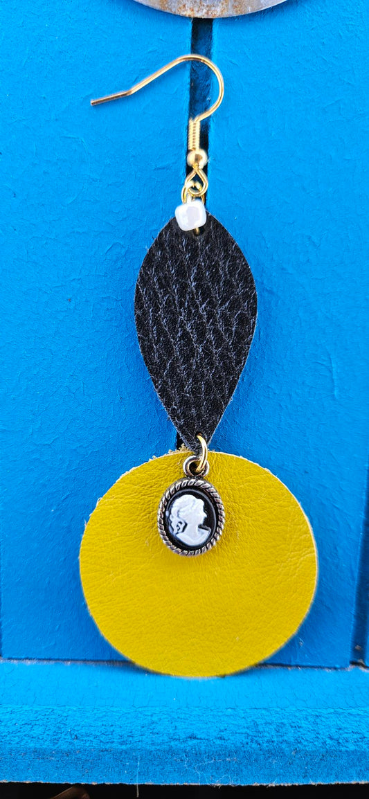 Black/Yellow Cameo Leather Earrings