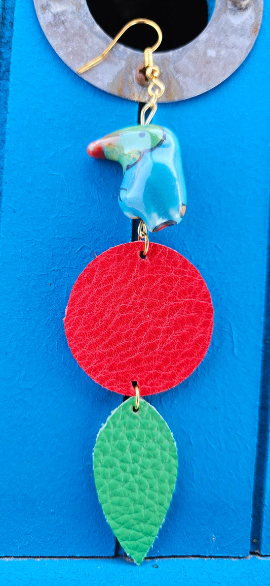 Green/Red Leather Earrings - Bird