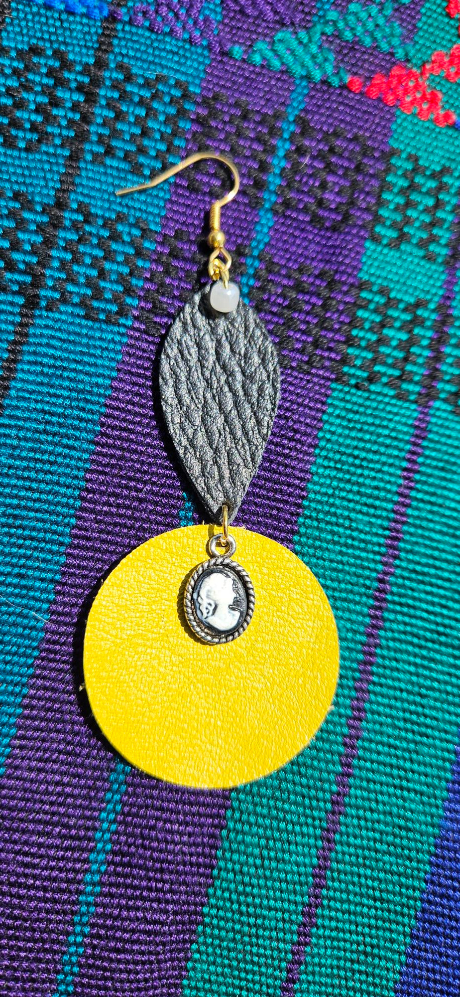 Black/Yellow Cameo Leather Earrings
