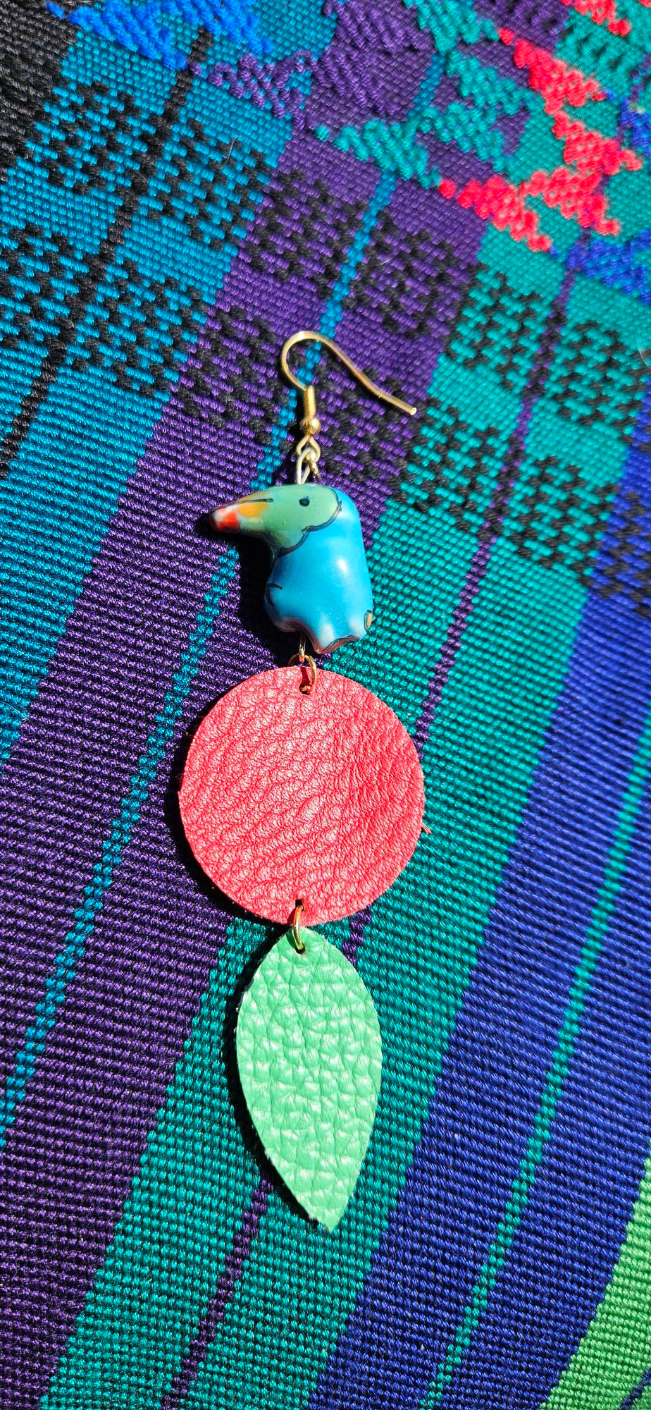 Green/Red Leather Earrings - Bird