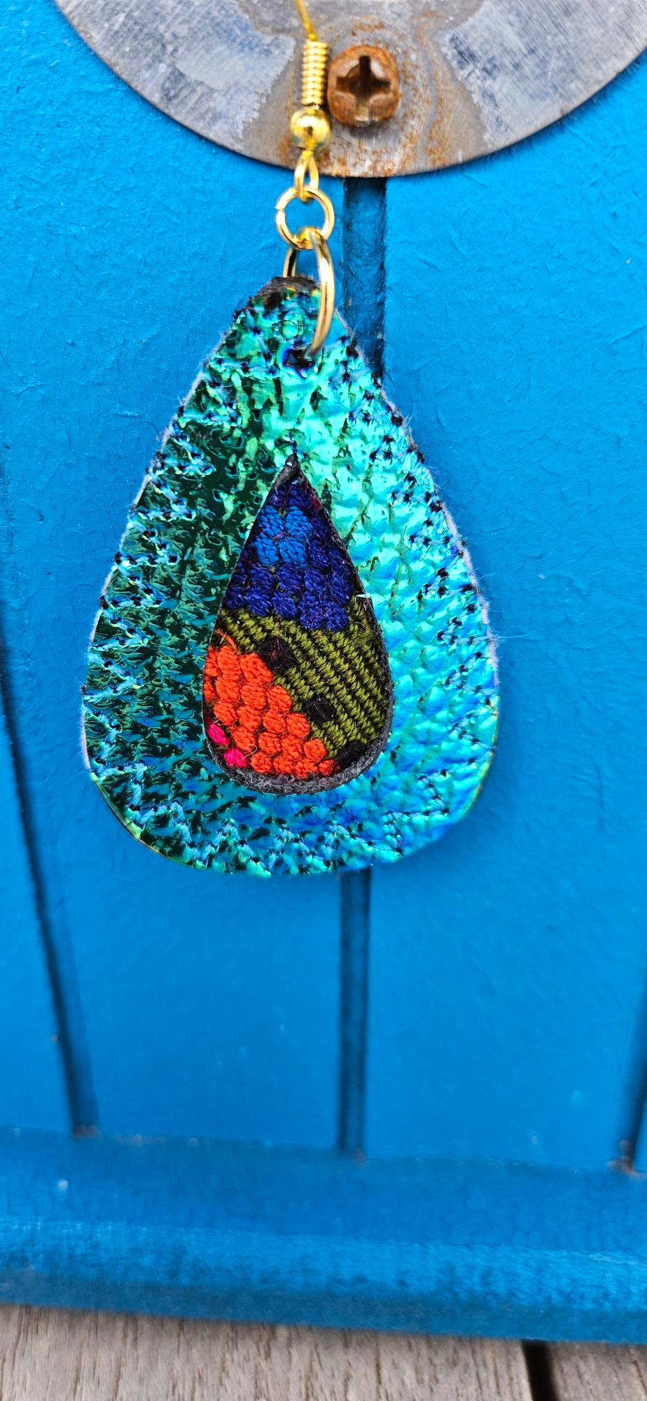 Iridescent Blue Green Leather Earrings