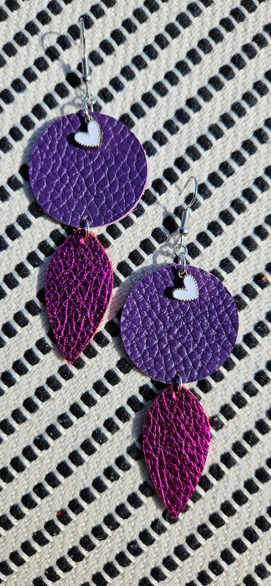Hot Pink/Purple Leather Earrings - Heart