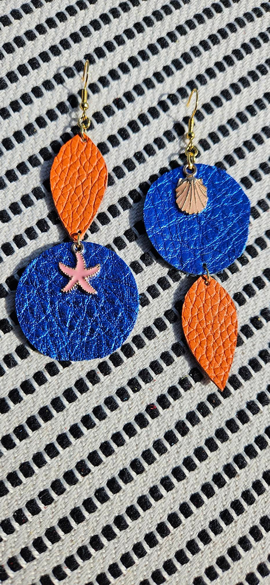 Blue/Orange Leather Earrings - Ocean