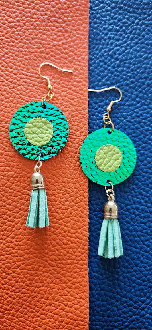 Lime Green/Iridescent Blue Green Leather Earrings