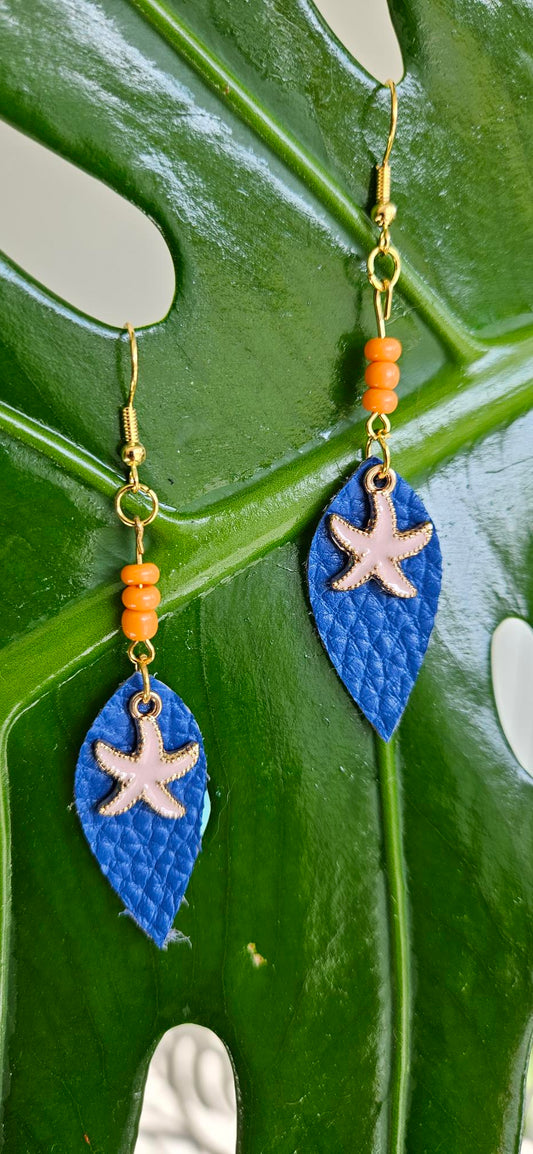 Blue/Orange Leather Earrings