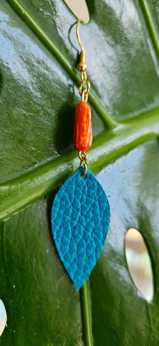 Turquoise/Orange Leather Earrings