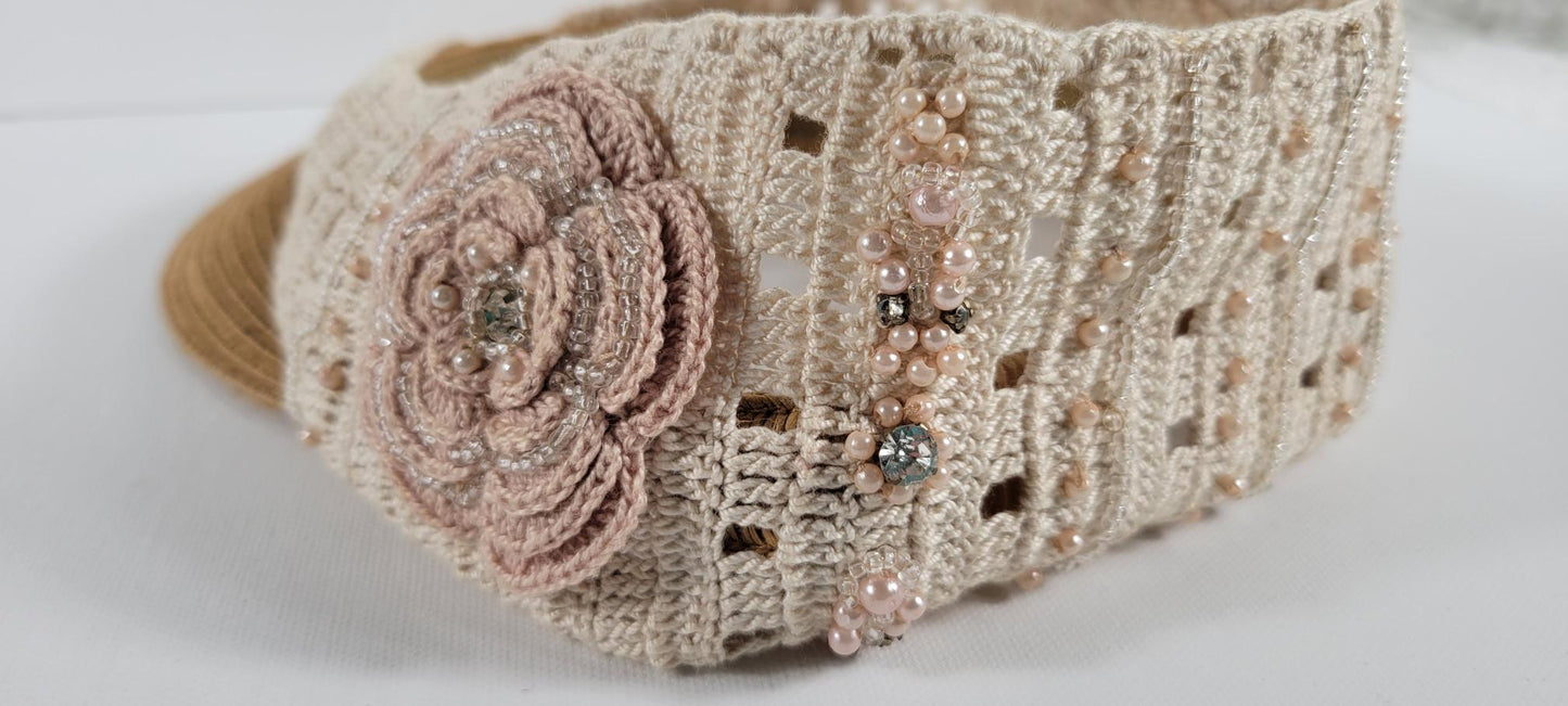 Crochet Headband - Beige Floral