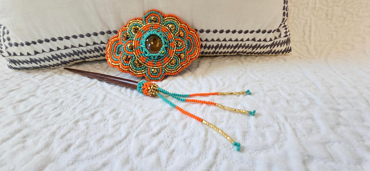 Hair Barrette with Stick - Orange/Turquoise