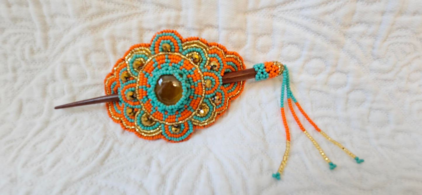 Hair Barrette with Stick - Orange/Turquoise