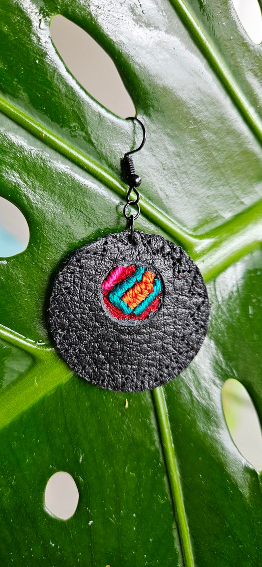 Black Leather Earrings - Round Shape