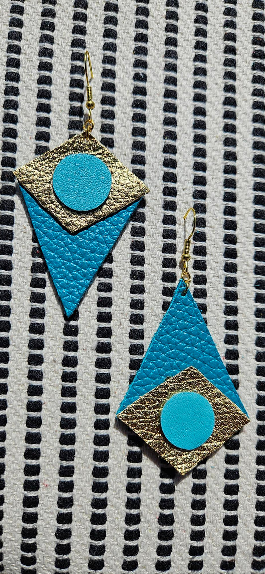 Asymmetric Blue/Gold Leather Earrings