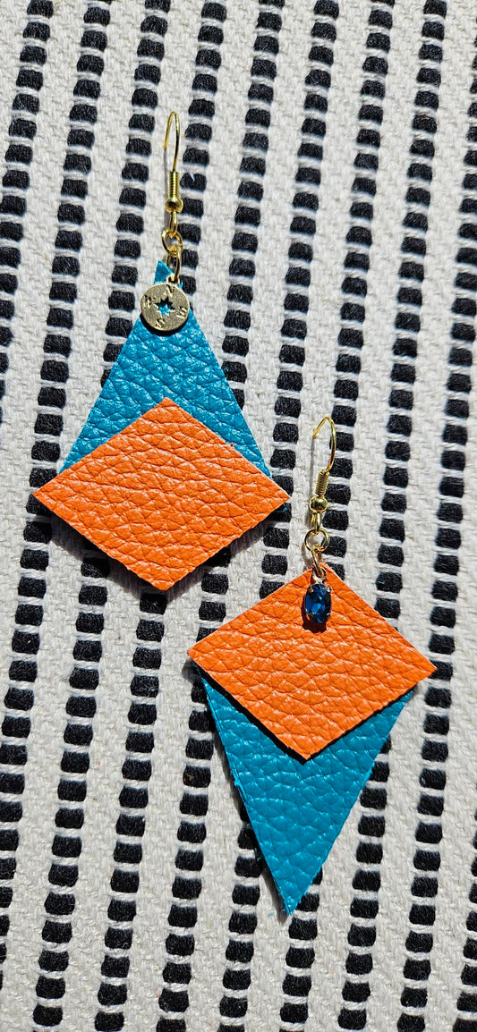 Asymmetric Blue/Orange Leather Earrings