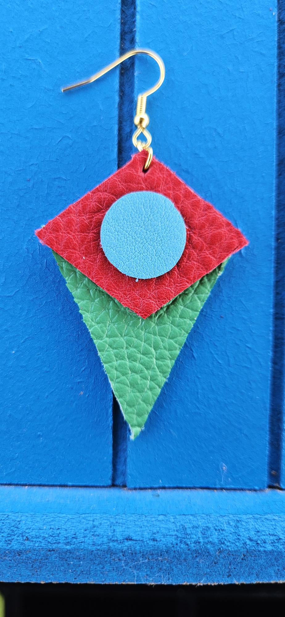 Asymmetric Red/Green Leather Earrings