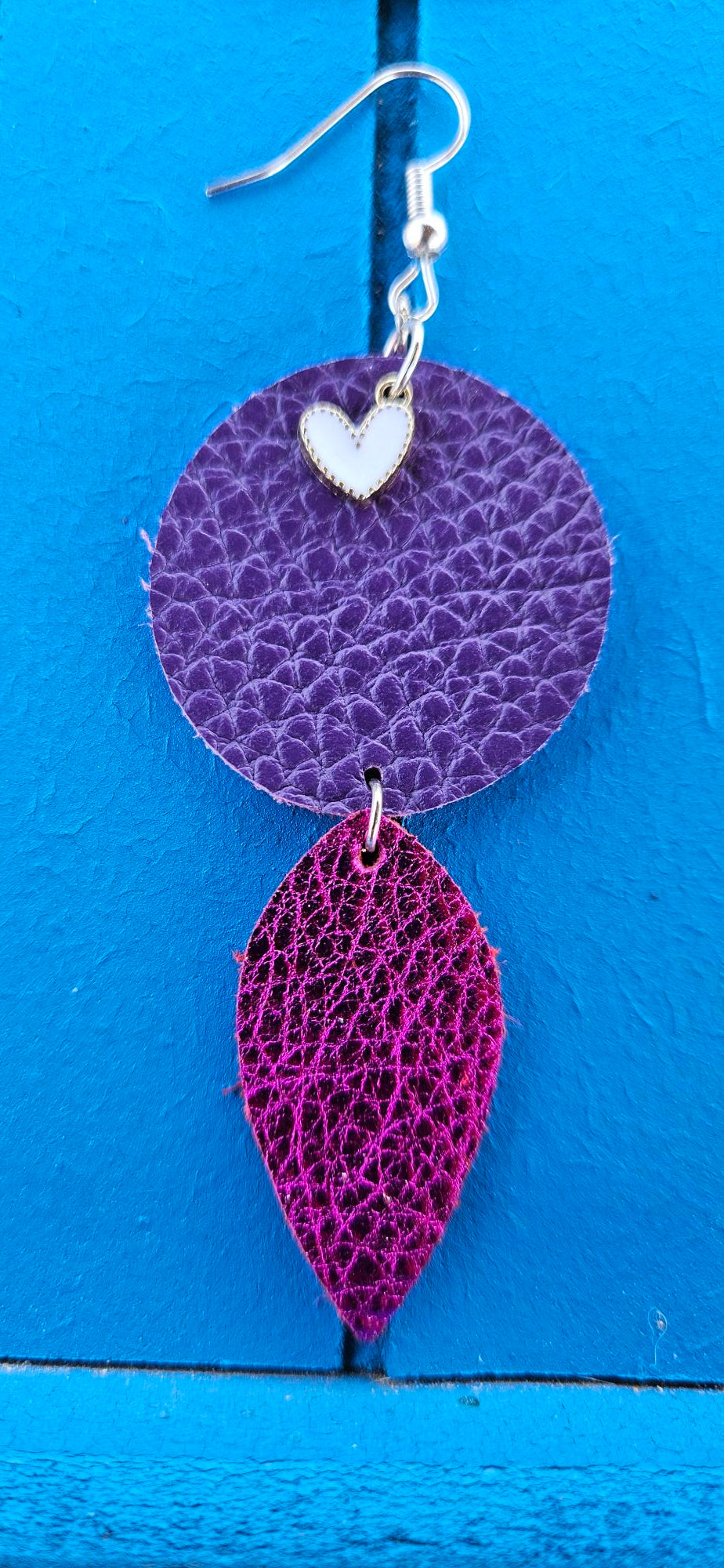 Hot Pink/Purple Leather Earrings - Heart