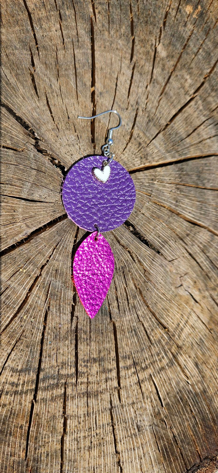 Hot Pink/Purple Leather Earrings - Heart