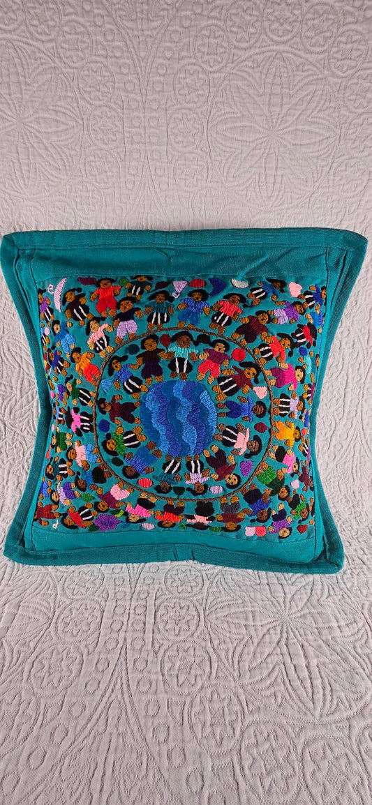 Mayan Embroidered Pillow Cover - Teal