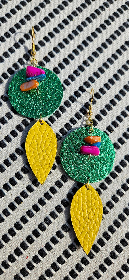 Green/Yellow Leather Earrings - Amazonia