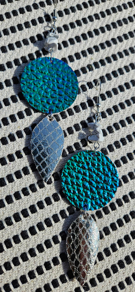 Silver/Blue Green Leather Earrings
