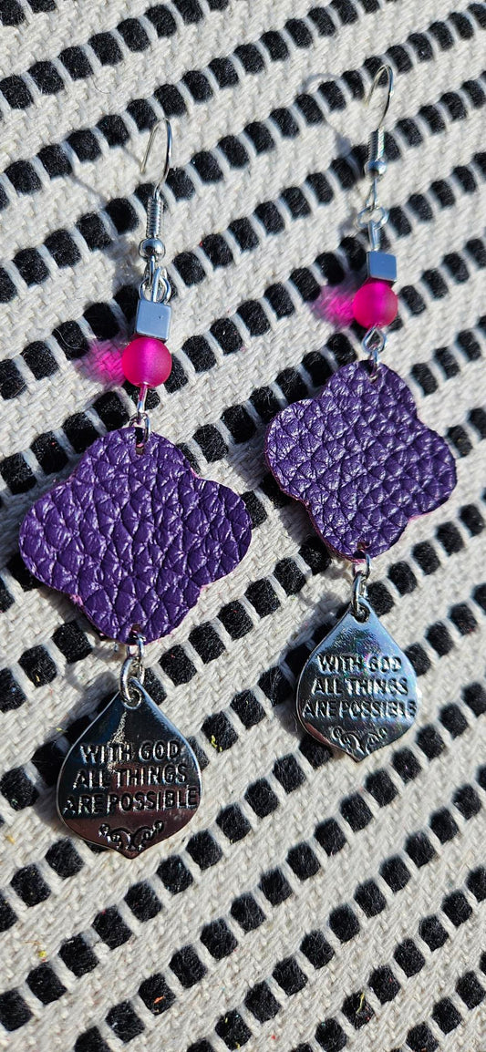 Purple Leather Earrings - All Things Are Possible