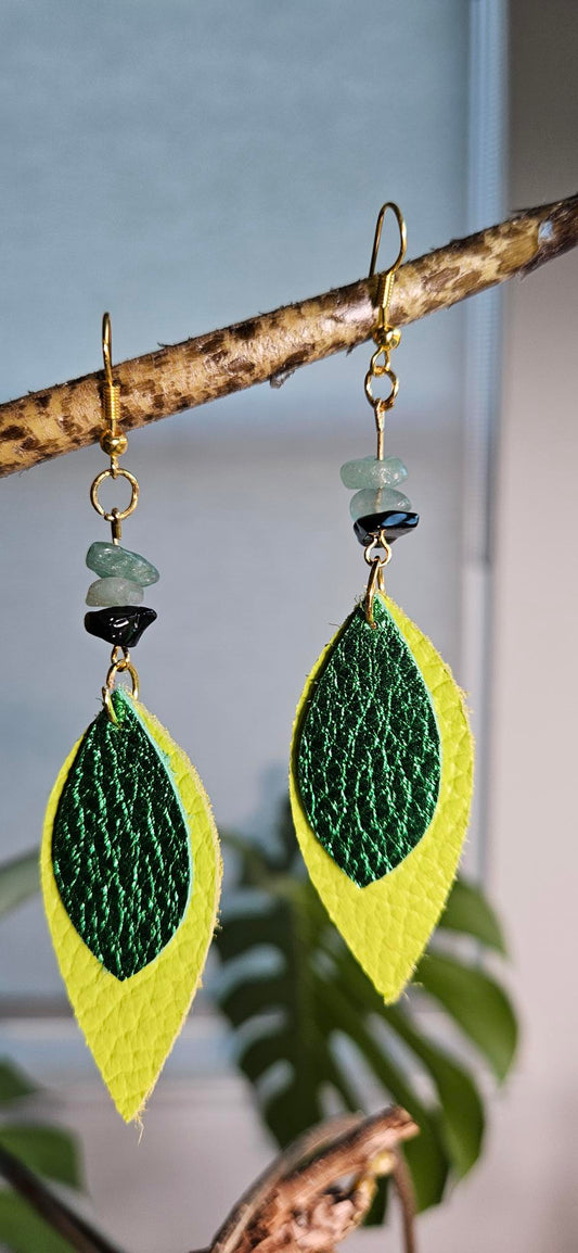 Lime Green/Metallic Green Leather Earrings