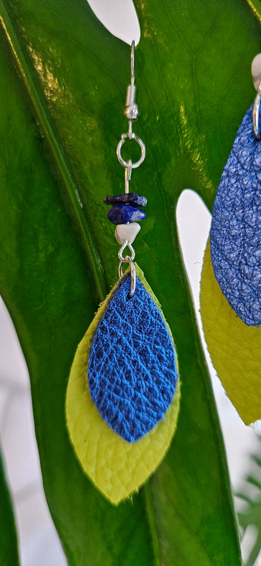 Lime Green/Metallic Blue Leather Earrings