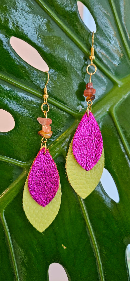 Lime Green/Metallic Hot Pink Leather Earrings