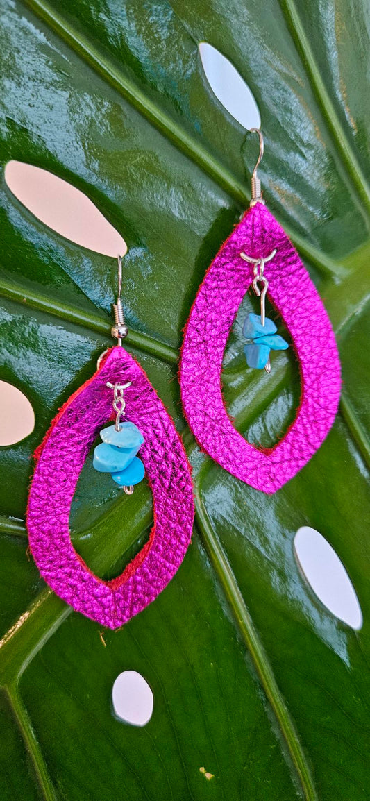 Hot Pink/Turquoise Leather Earrings